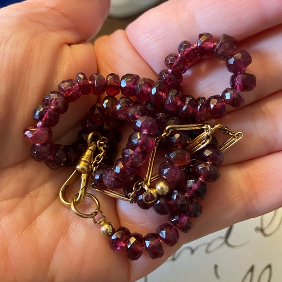 Rhodolite Garnet Hand Strung Gem Necklace With Gold Filled Antique Watch Chain - Picture 10 of 17